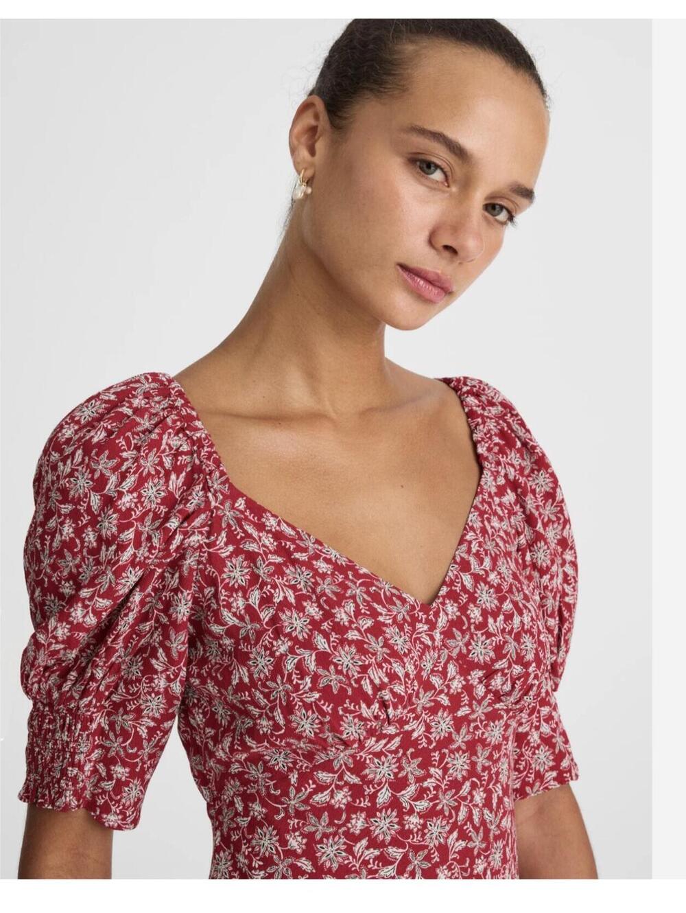 Madewell Red Floral Puff Sleeve Dress